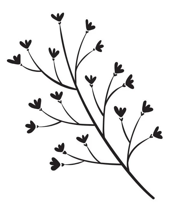 Black silhouette of a plant with multiple branches and small heart-shaped leaves.