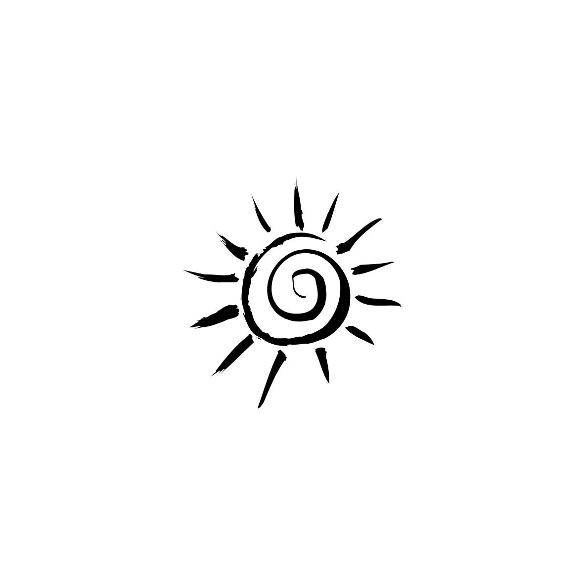Black and white spiral sun sketch with elongated rays on a white background.