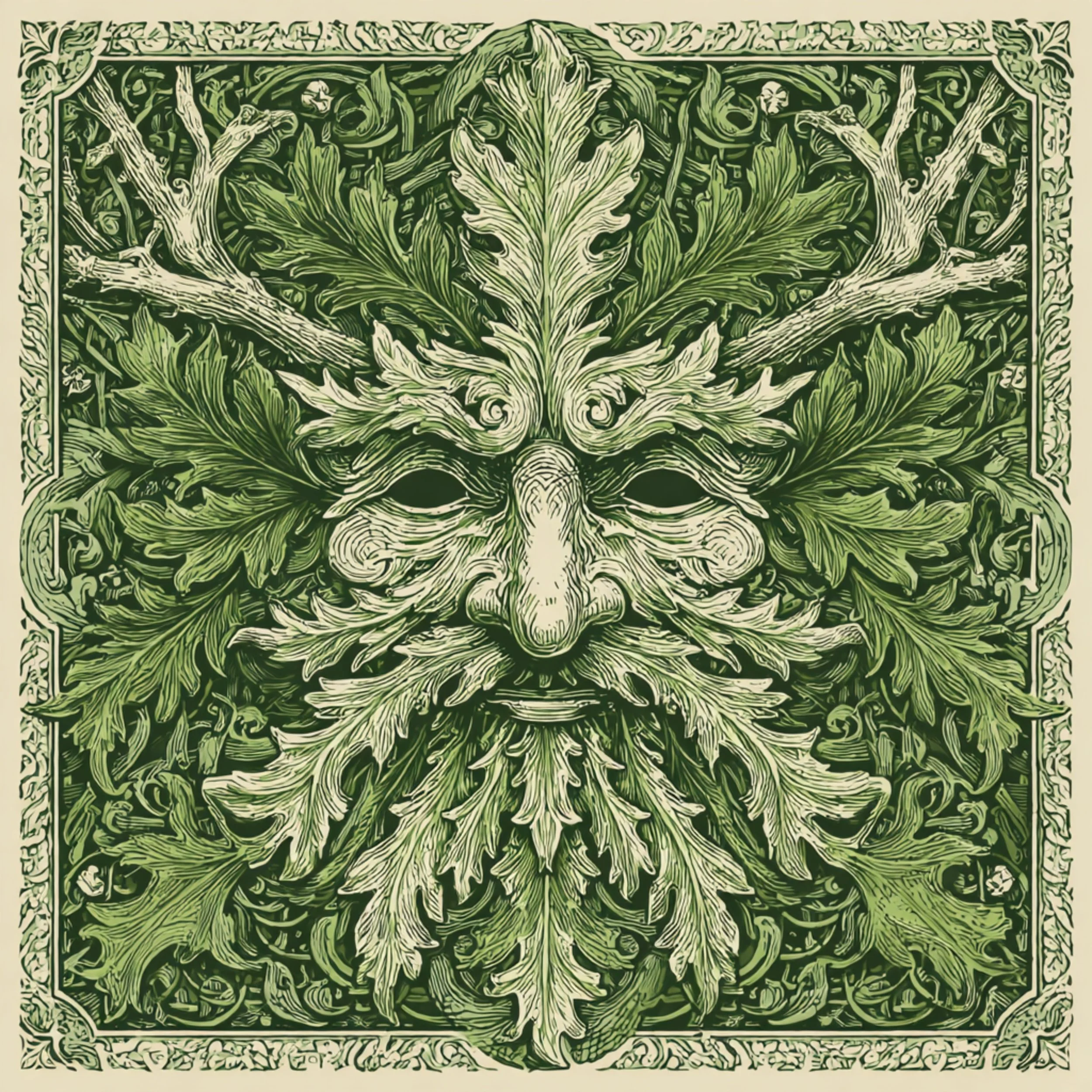 A decorative green and white illustration of a tree with large leaves, surrounded by ornate border designs.