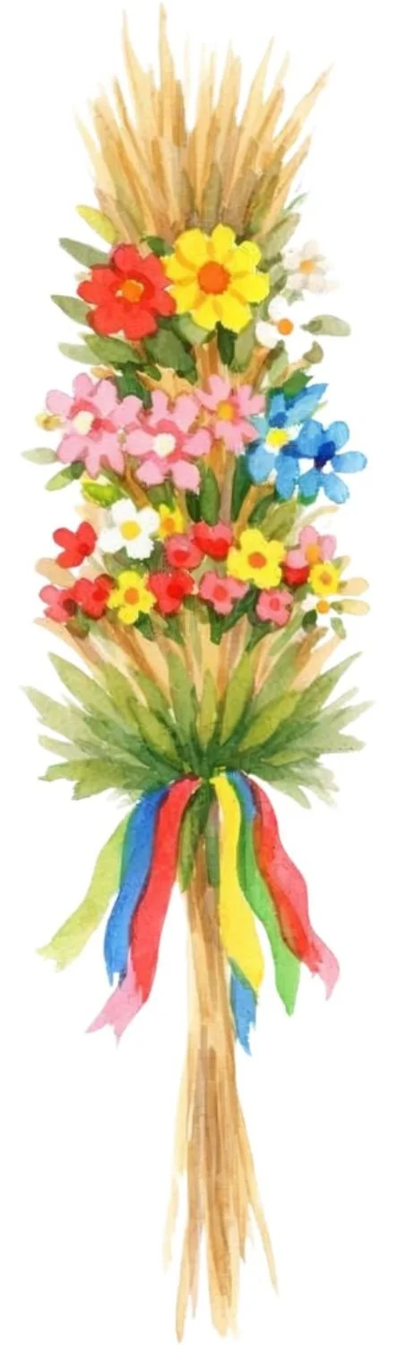 A colorful bouquet of flowers and wheat tied together with multicolored ribbons.