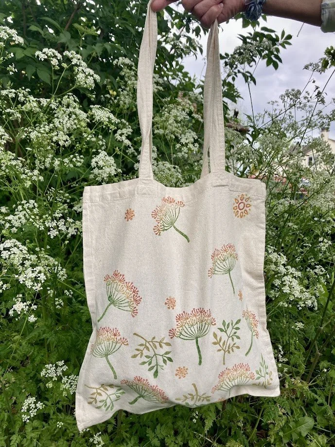 Block Printed Tote Bag Colourful Cow Parsley