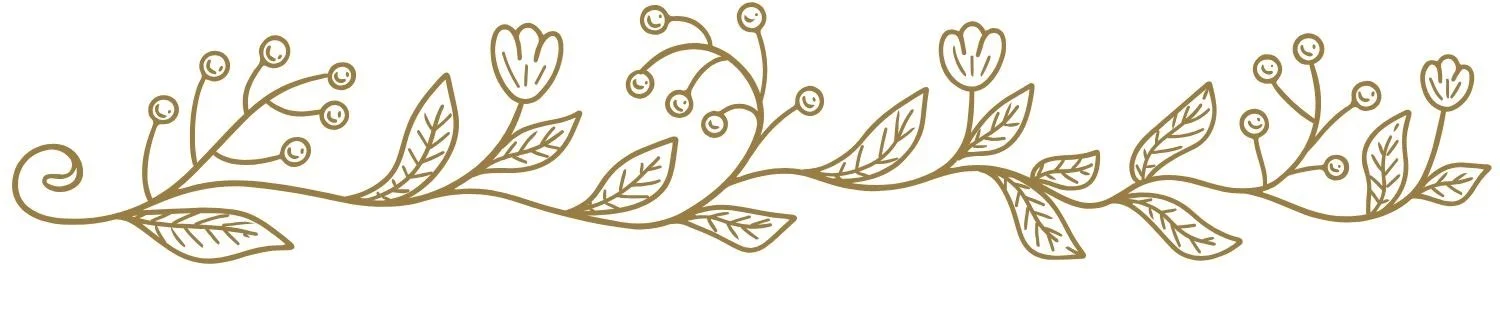 Decorative illustration of a horizontal vine with leaves, small berries, and a tulip-like flower, in a simple line art style with a gold color.