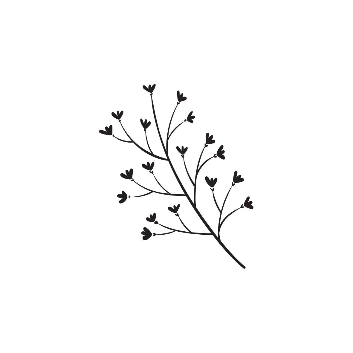 Black silhouette of a delicate flower branch with small heart-shaped petals on a white background.