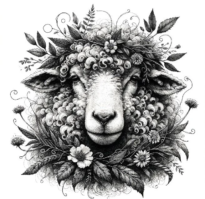 Black and white drawing of a sheep's face surrounded by leaves and flowers, with detailed fur and floral decorations.