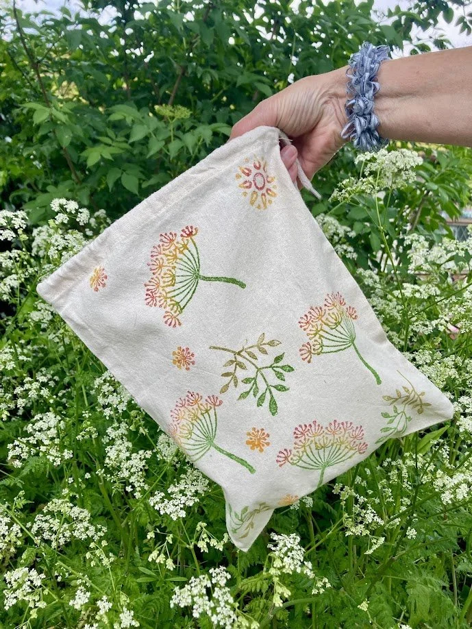 Small Block Printed Drawstring Bag Colourful Cow Parsley