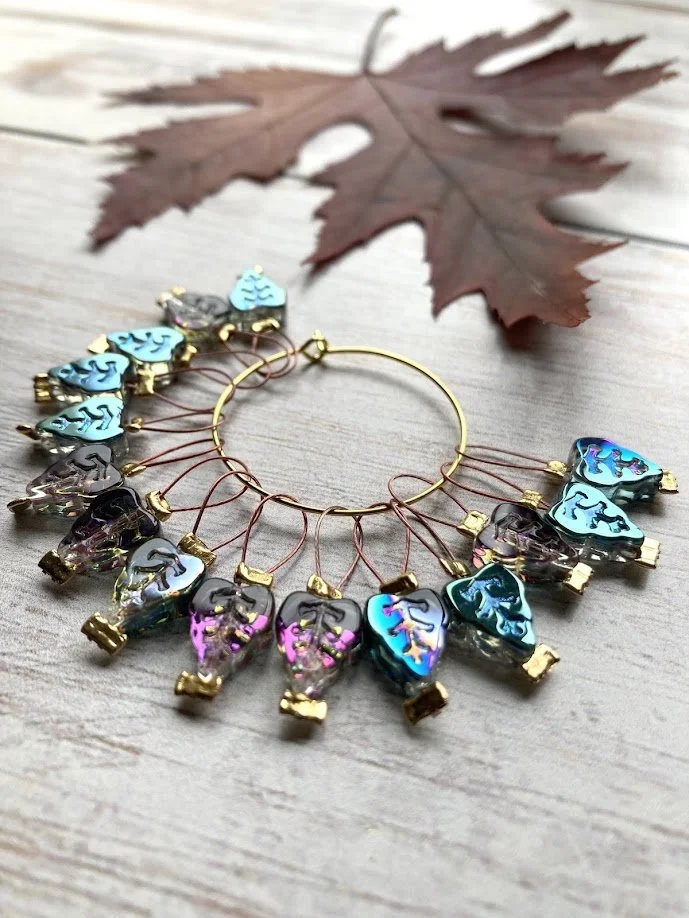 Loop Stitch Markers for Knitting Blue & Bronze Leaves Set of 15
