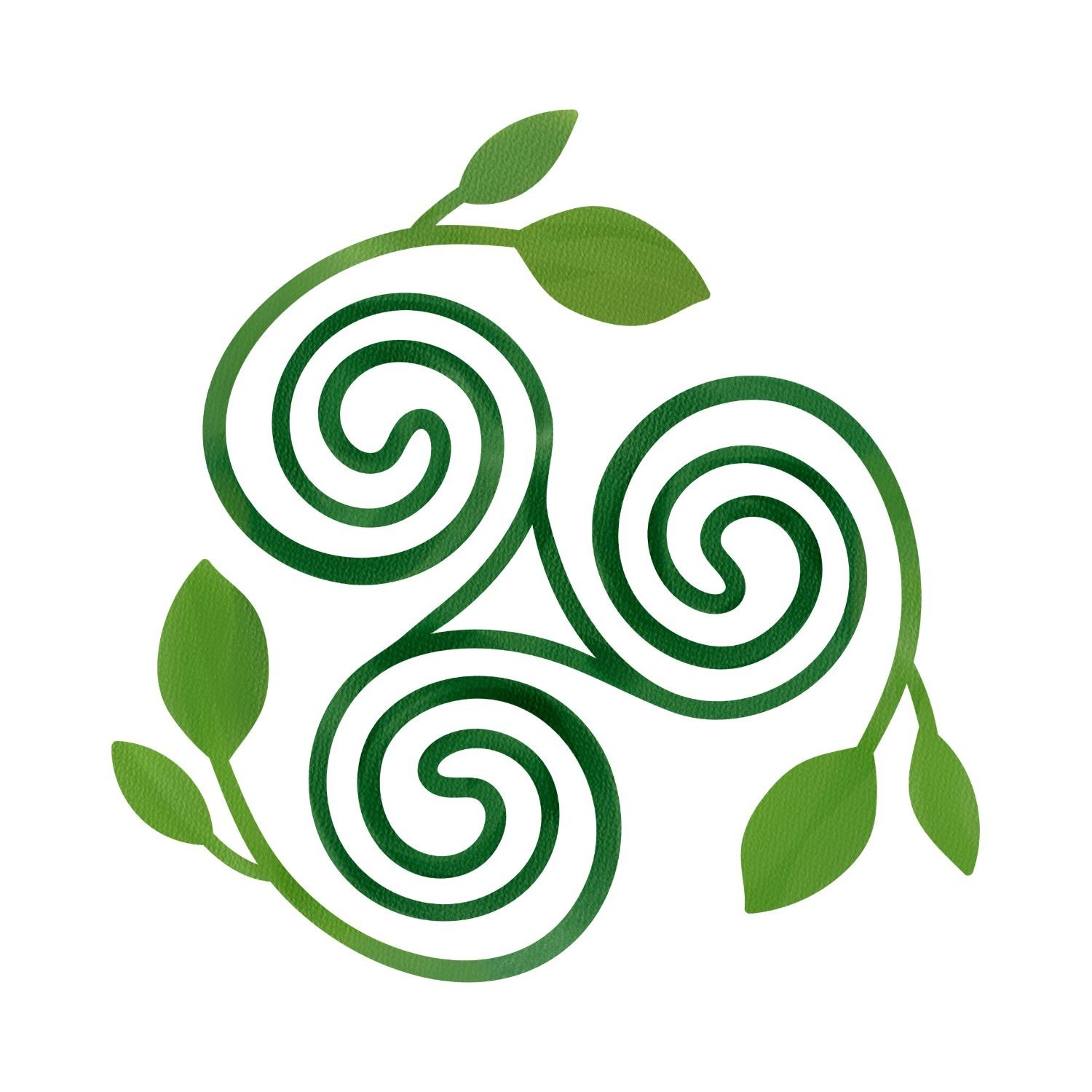 Green abstract logo with spirals and leaf shapes on a white background.