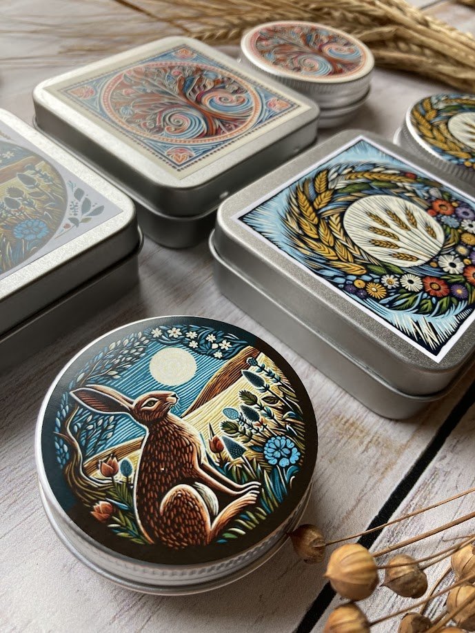 Colorful illustrated tins featuring nature scenes, including a rabbit sitting under a full moon, wheat, and floral patterns, placed on a wooden surface with dried seed pods.