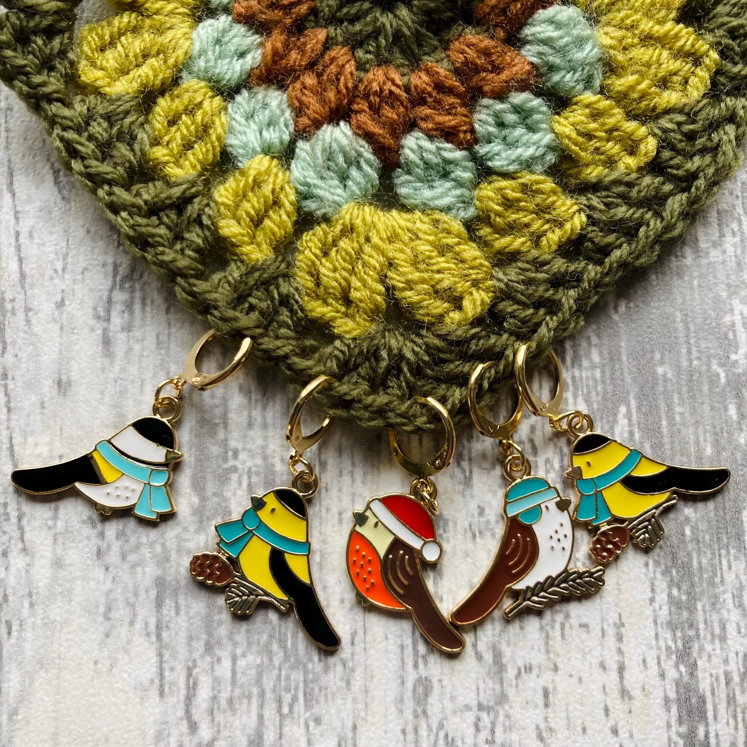 Crochet Stitch Markers: Enamel Winter Bird Set of 5