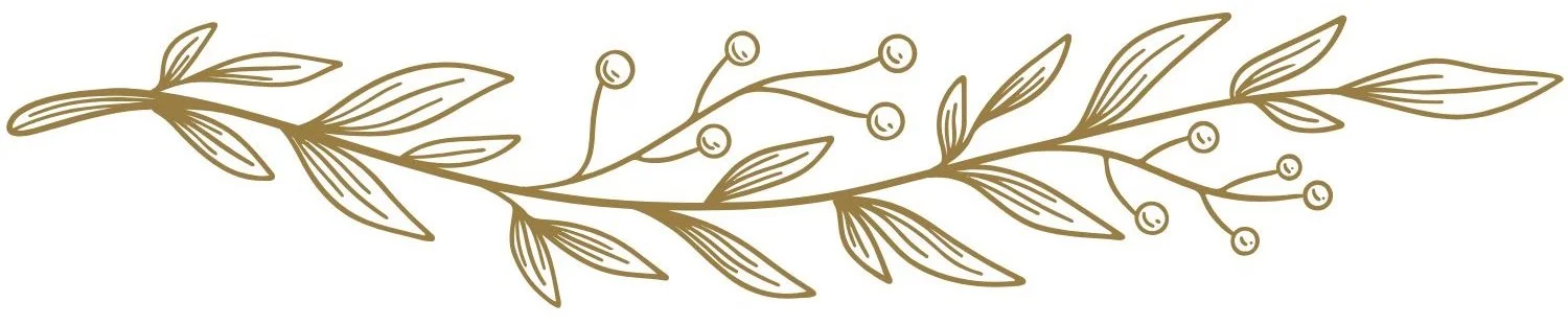 Decorative illustration of a gold-colored botanical branch with leaves and small berries.