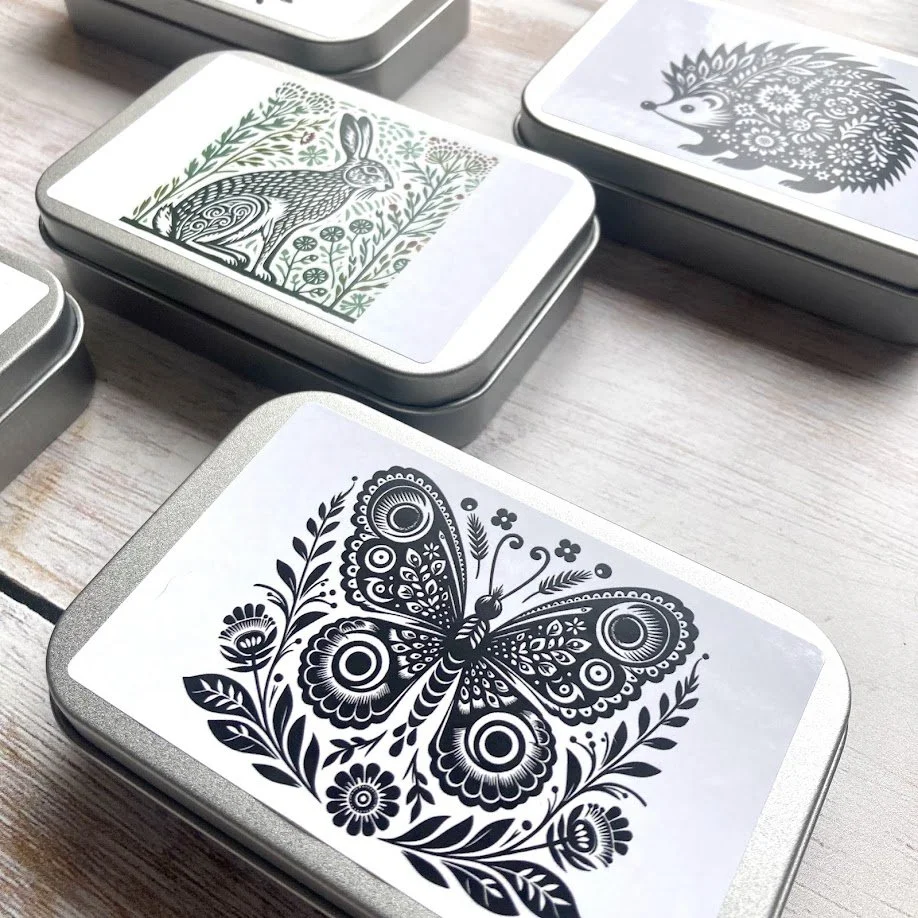 Large Notions Tin Folk Art Designs