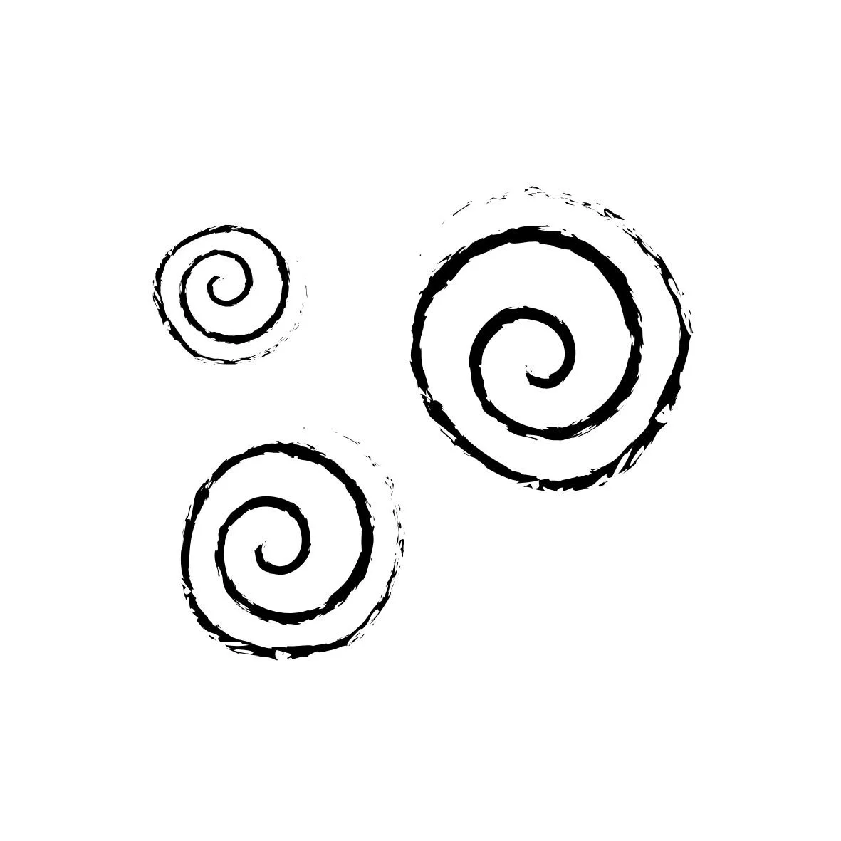 Four black spiral drawings on a white background, varying in size.