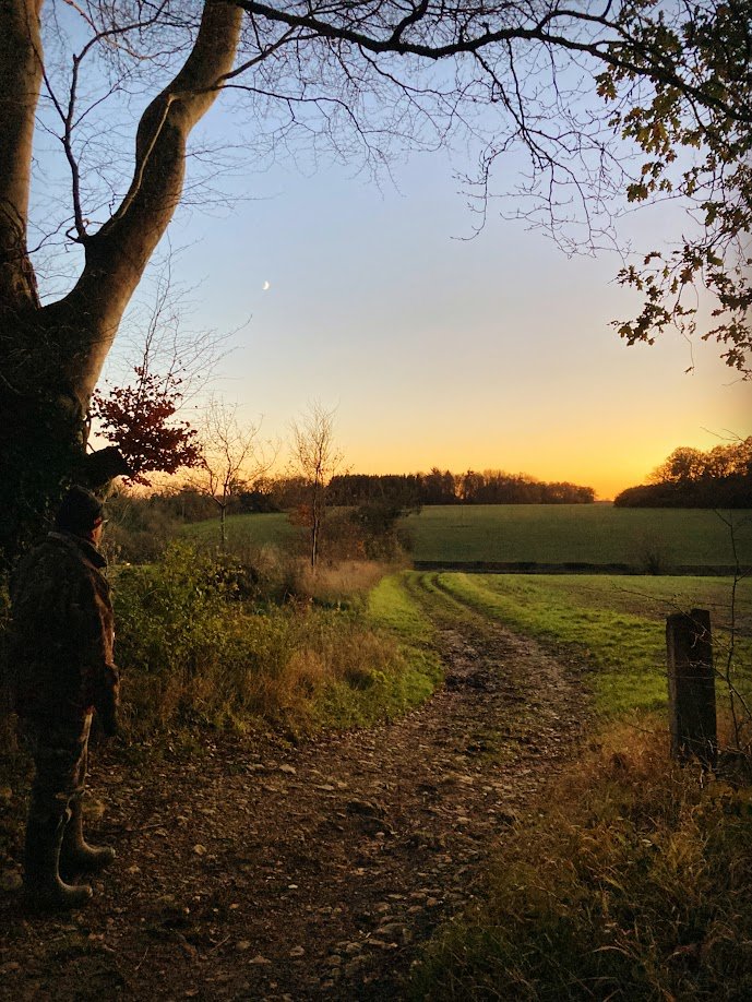 A person standing on a dirt path at sunset, in a rural area with trees and fields, the sky transitioning from blue to orange with a visible moon.