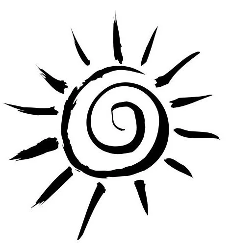Black and white doodle of a sun with spiral center and radiating rays.