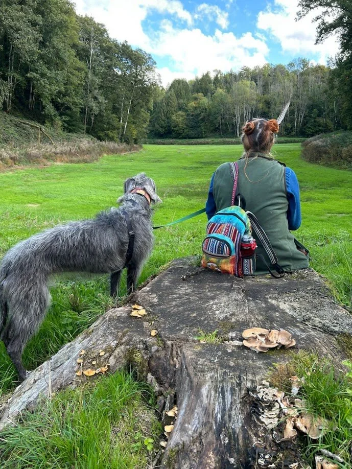 A woman with a colorful backpack, sitting on a fallen tree trunk, with a gray dog on a leash standing nearby, in a grassy field surrounded by trees under a partly cloudy sky.