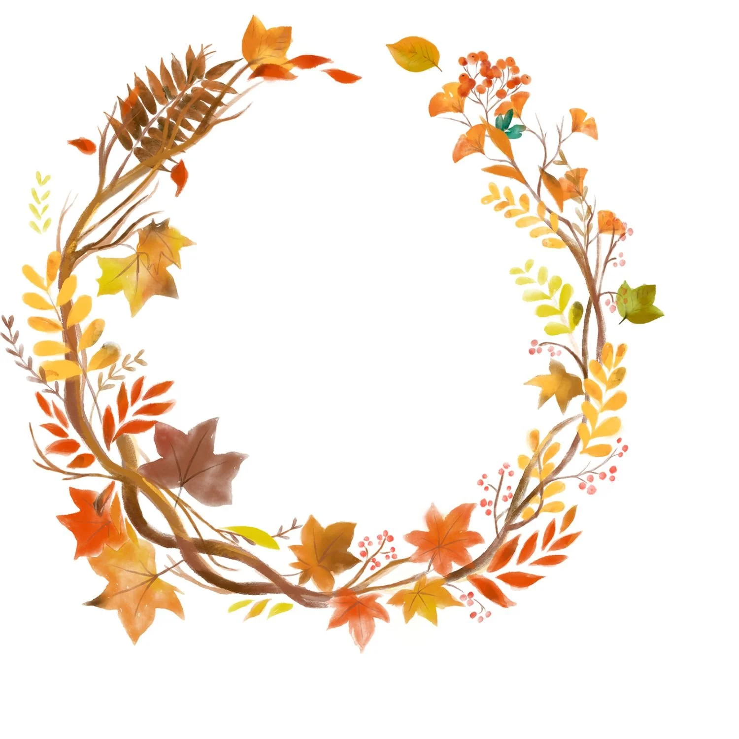 Autumn-themed watercolor floral wreath with leaves and berries in warm fall colors