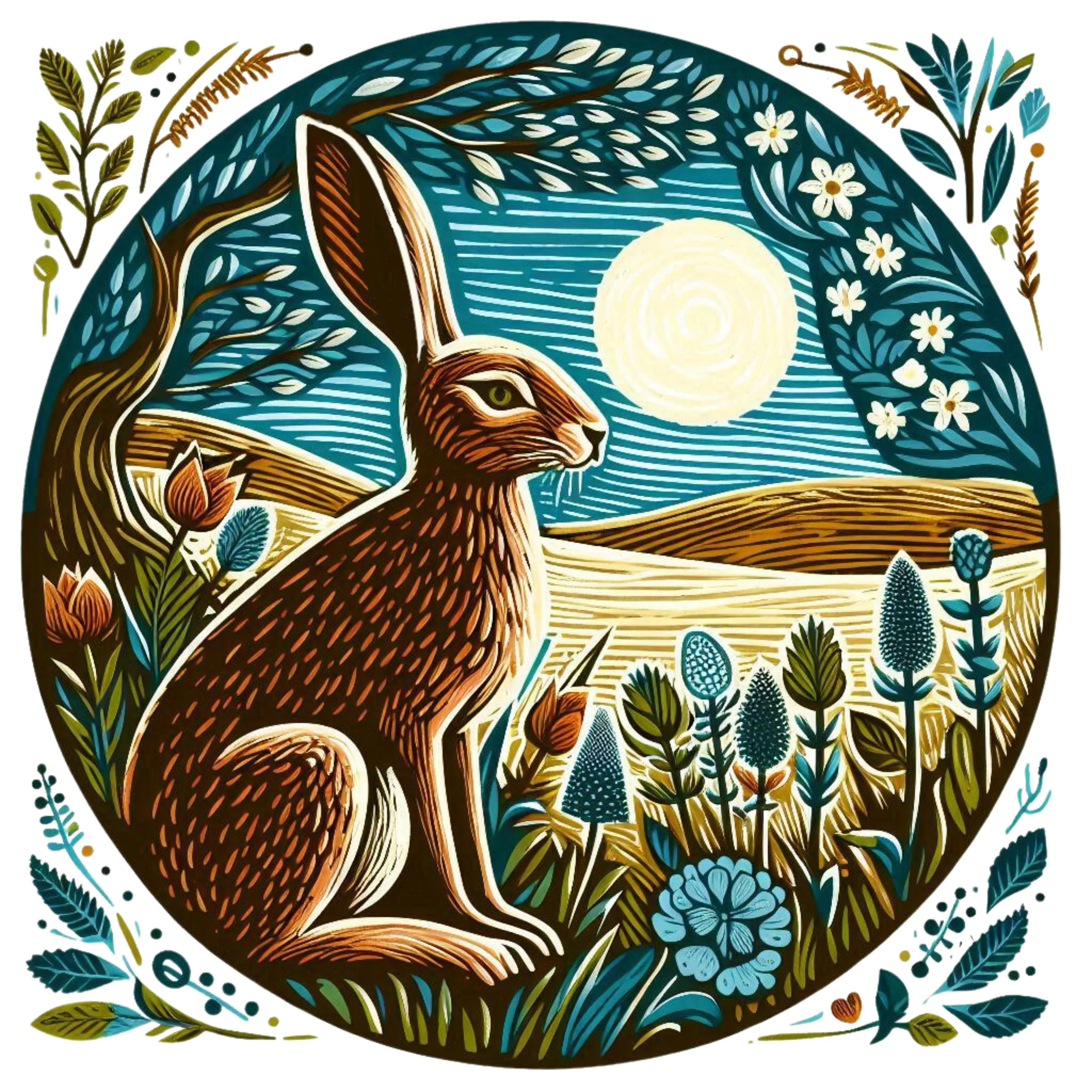 Artistic illustration of a wildcat with a full moon in the background, surrounded by various plants, flowers, and leaves, in a colorful, whimsical style.