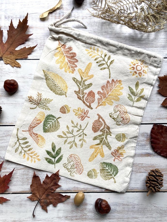 Small Block Printed Drawstring Bag Autumn