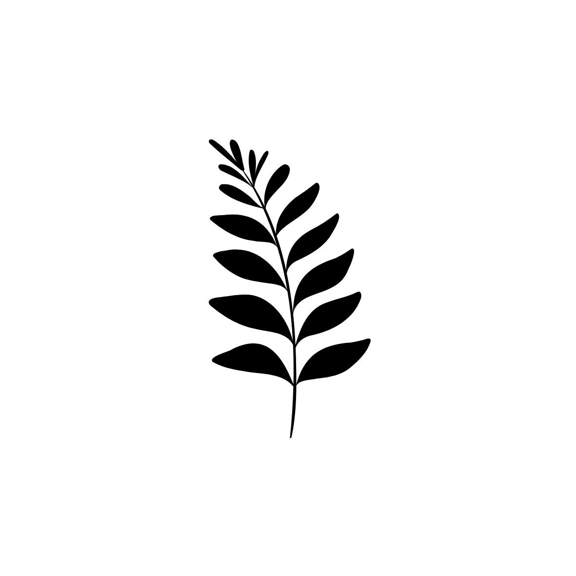 Black silhouette of a leafy branch on a white background.