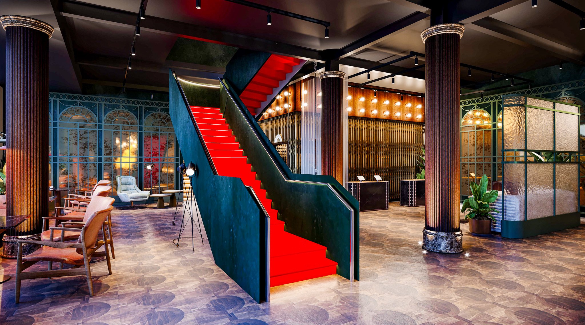 Red stair in the lobby at Virgin Hotel Glasgow