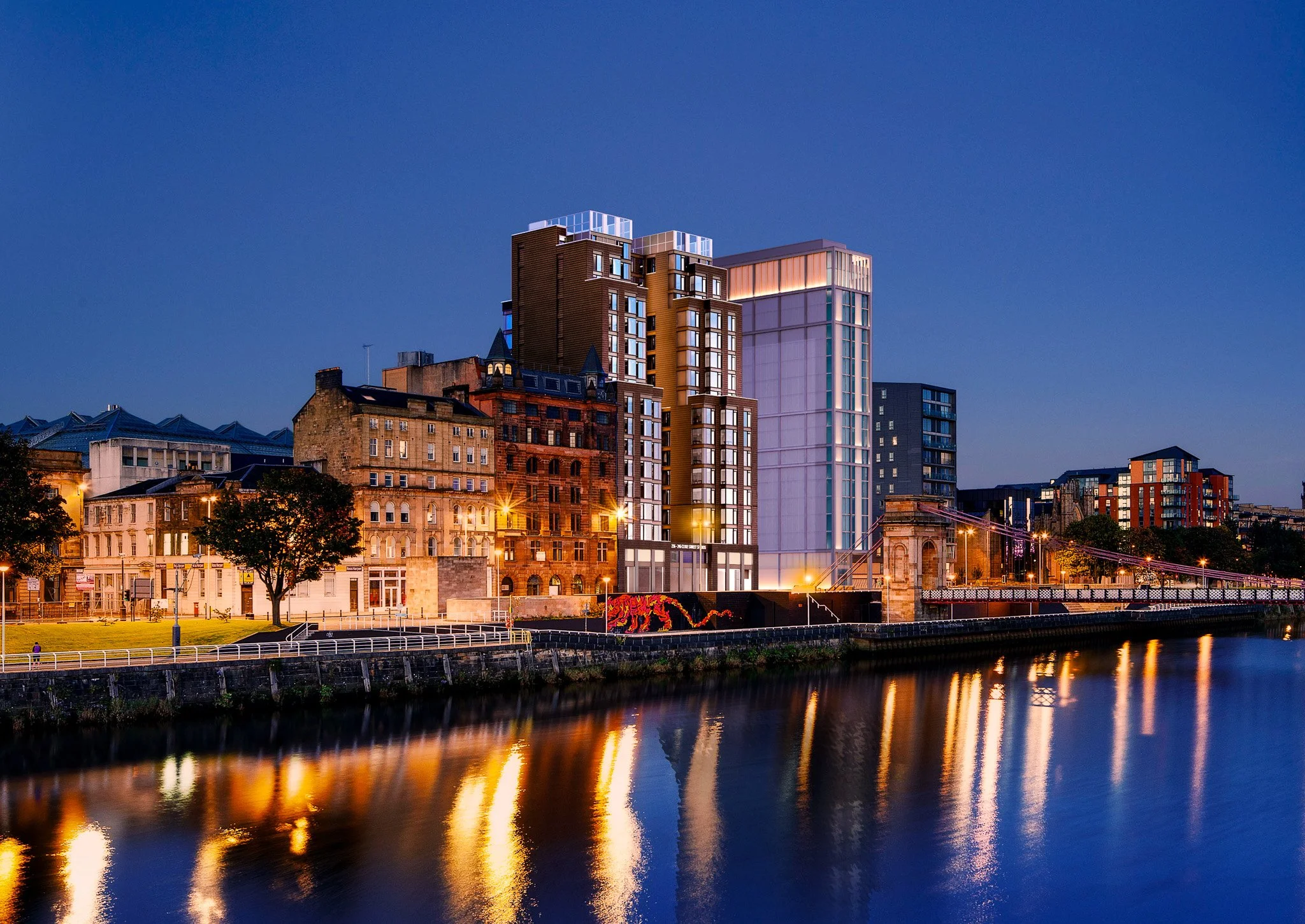 Panoramic CGI of Motto by Hilton Glasgow, highlighting modern design and Sharia-compliant finance in hospitality development.