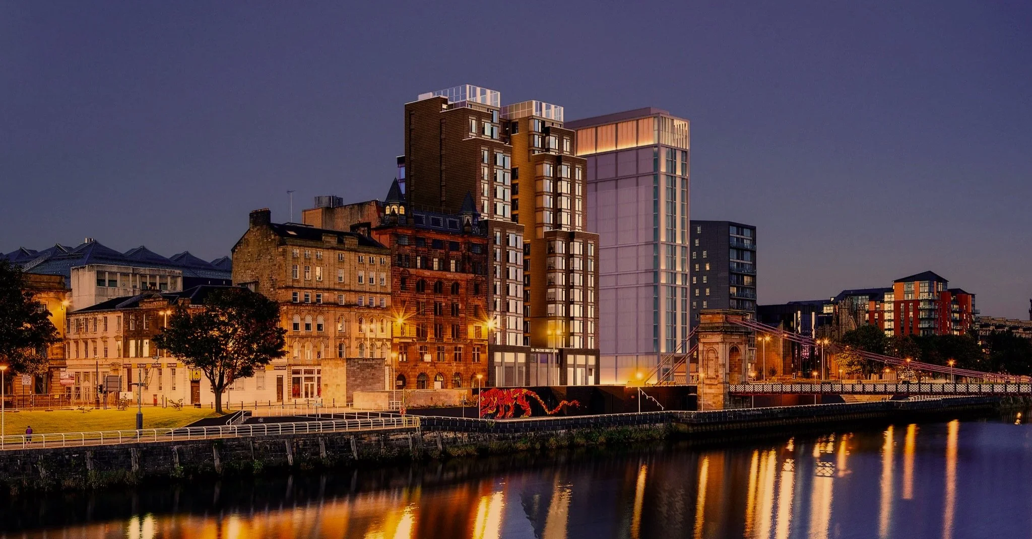 Panorma view of Clyde Street with Riverside House, Virgin Hotel, Motto by Hilton