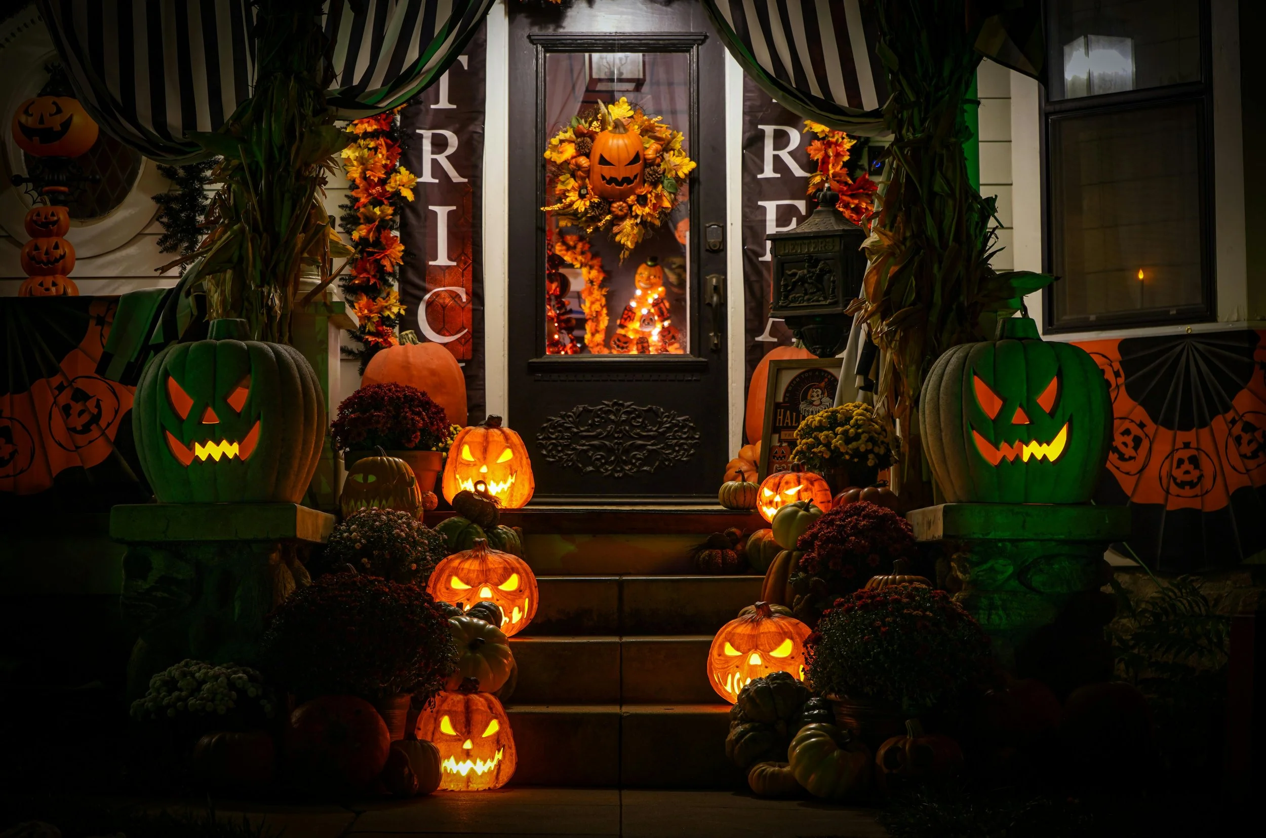 Carved Jack o Lanterns for a fall display and porch pumpkins in Savannah