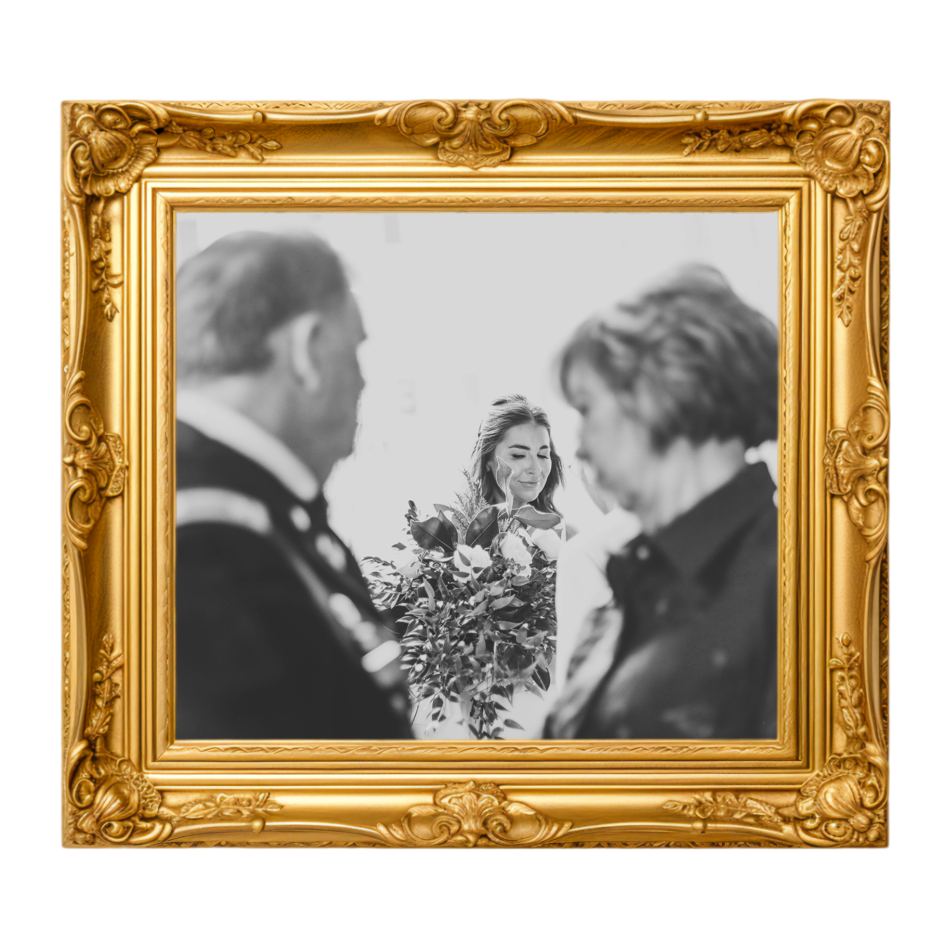Black and white image of a bride entering her church reception in Savannah