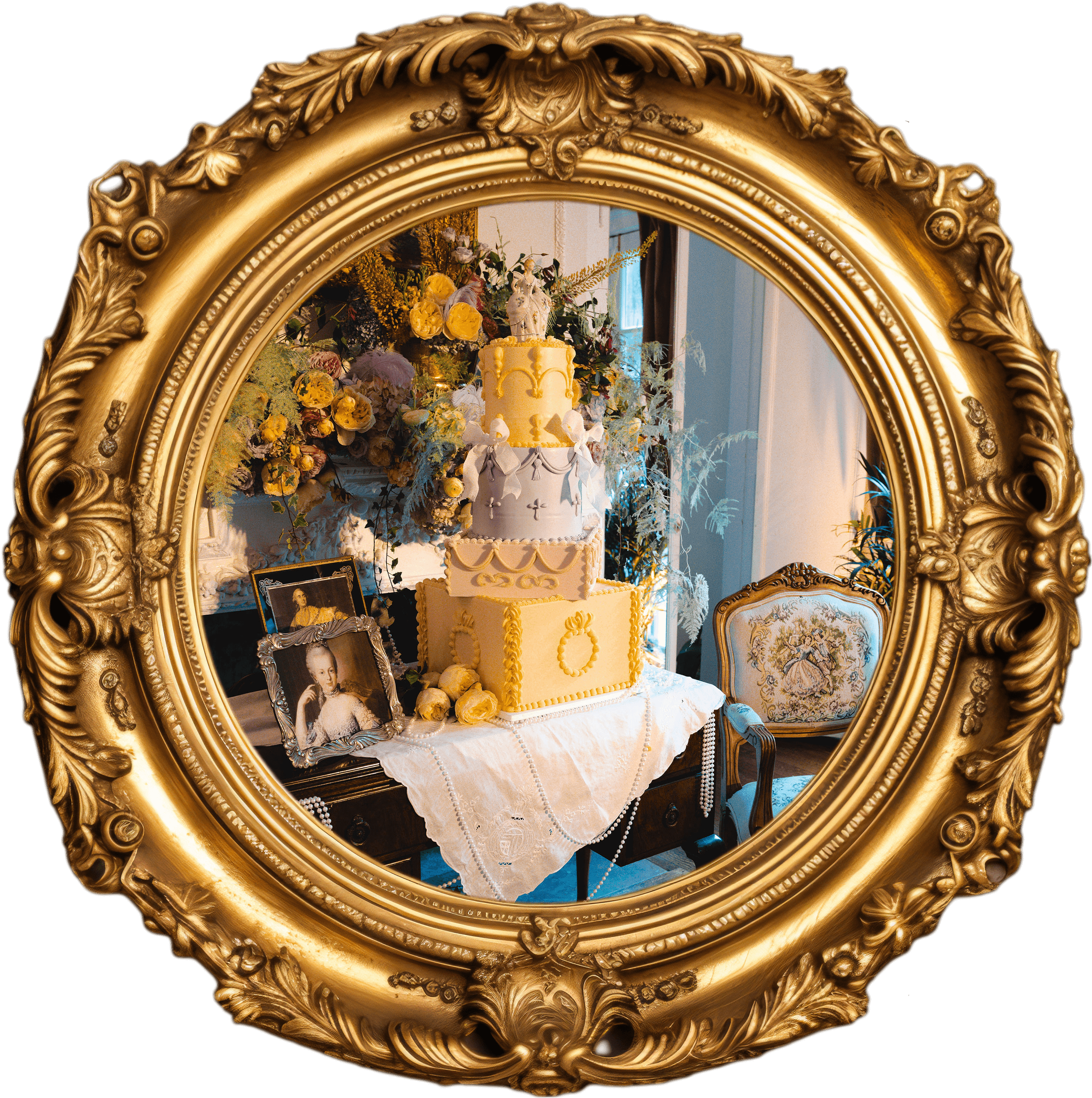 Four tier Parisian inspired wedding cake, in white and yellow