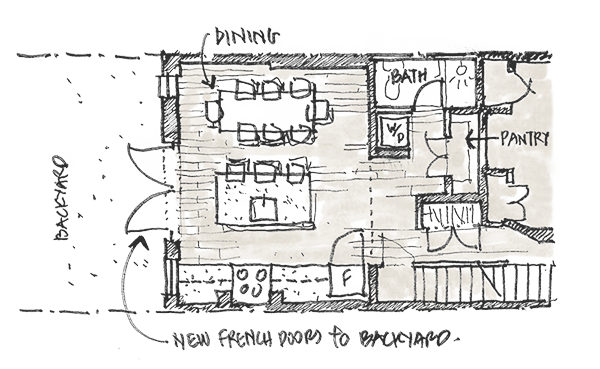 Hand-sketched floor plan of a home with labeled areas including dining, bath, pantry, kitchen, and backyard access. Features French doors and staircase.