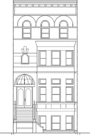 Illustration of a multi-story residential building with an ornate facade and stair entrance. landmarked brownstone in Crown Heights