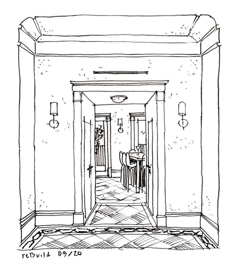 Architectural sketch of an interior room with open doors, a table, and chairs, surrounded by light fixtures and decorative elements.