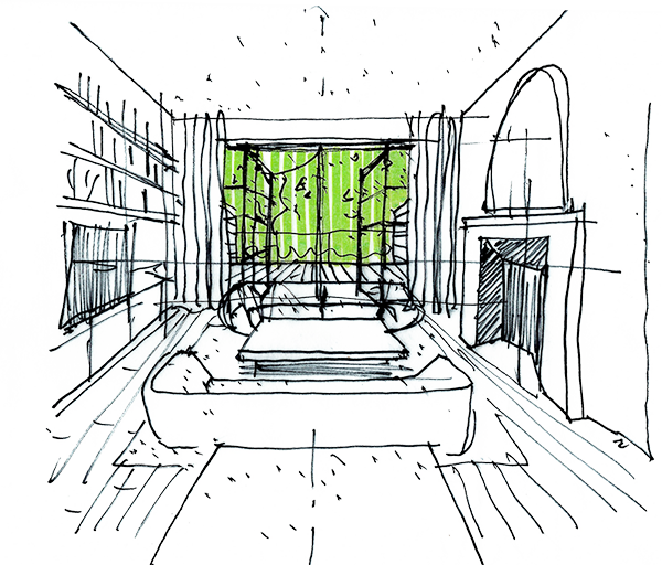 Sketch of a living room interior with a view of outdoor greenery through large windows, a central couch, bookshelves on the left, and a fireplace on the right.