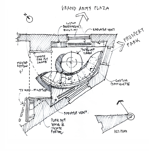 Architectural sketch of Grand Army Plaza design featuring custom bookshelves, a round table, curved seating, radiator vents, and directional arrows to Prospect Park. Includes notes on materials like white oak ply jamb and a key plan section.