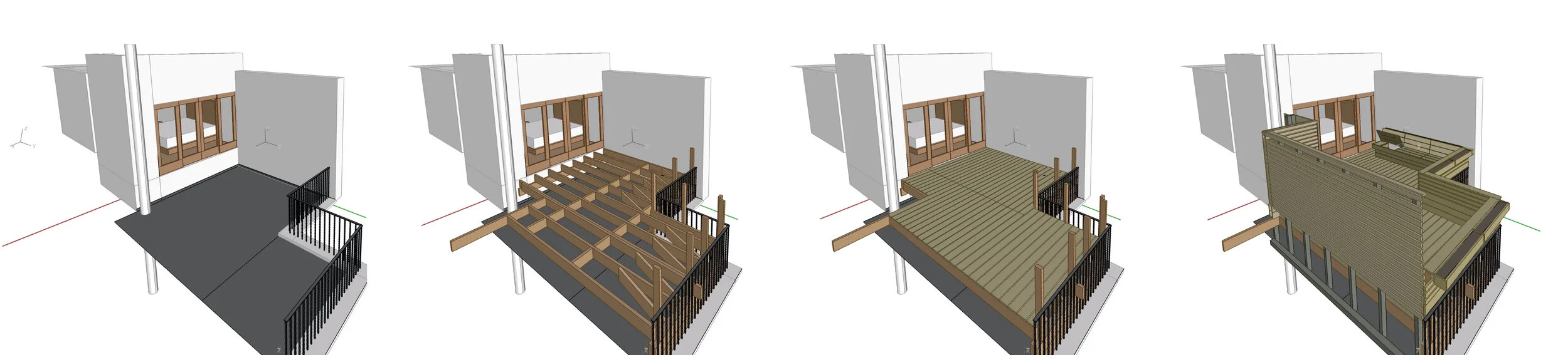 Sequence of 3D renderings showing the construction process of a wooden deck attached to a building with large windows, metal railing, and partial roof covering.