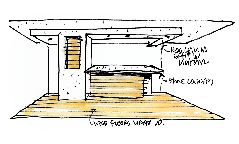 Architectural sketch of an interior space depicting a modern design with a stone countertop, wooden floors, and a new ceiling soffit with lighting.