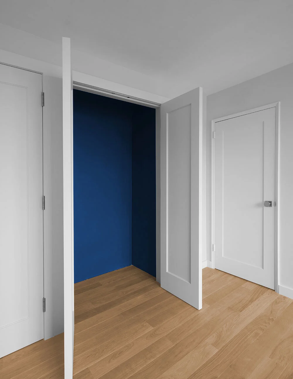 Interior of a room with an open white door revealing a small closet with dark blue walls. The floor is made of light wood, and there are additional closed white doors visible.