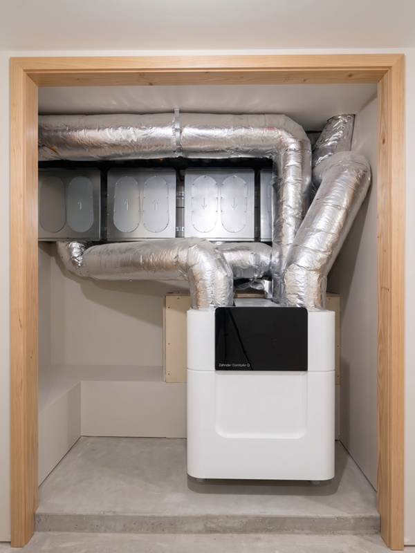 Energy recovery ventilator (ERV), installed at one of our Passive House Projects. An ERV is a mechanical ventilation system that continuously brings in fresh outdoor air while exhausting stale indoor air.