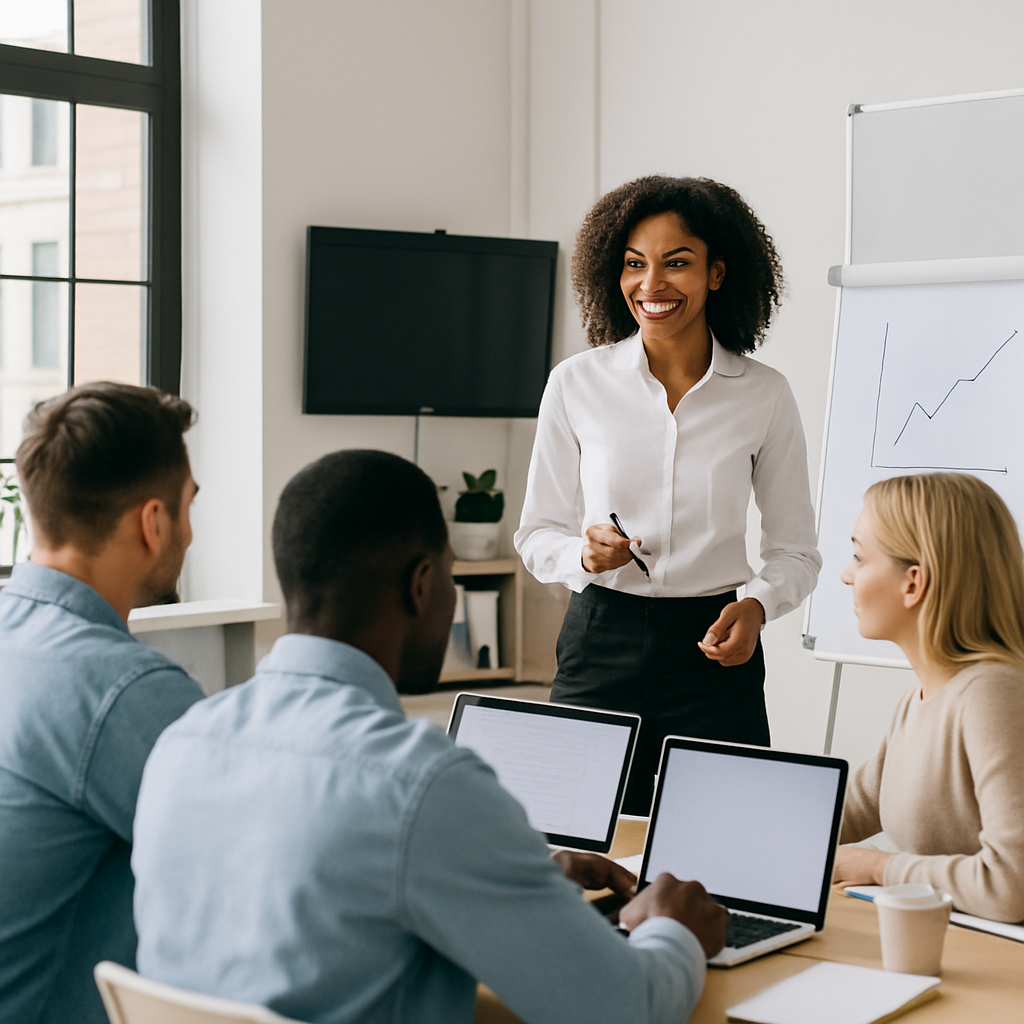 Formateur et stagiaires dans un centre de formation moderne utilisant Orizon Digital pour la gestion des appels et la coordination multi-sites.