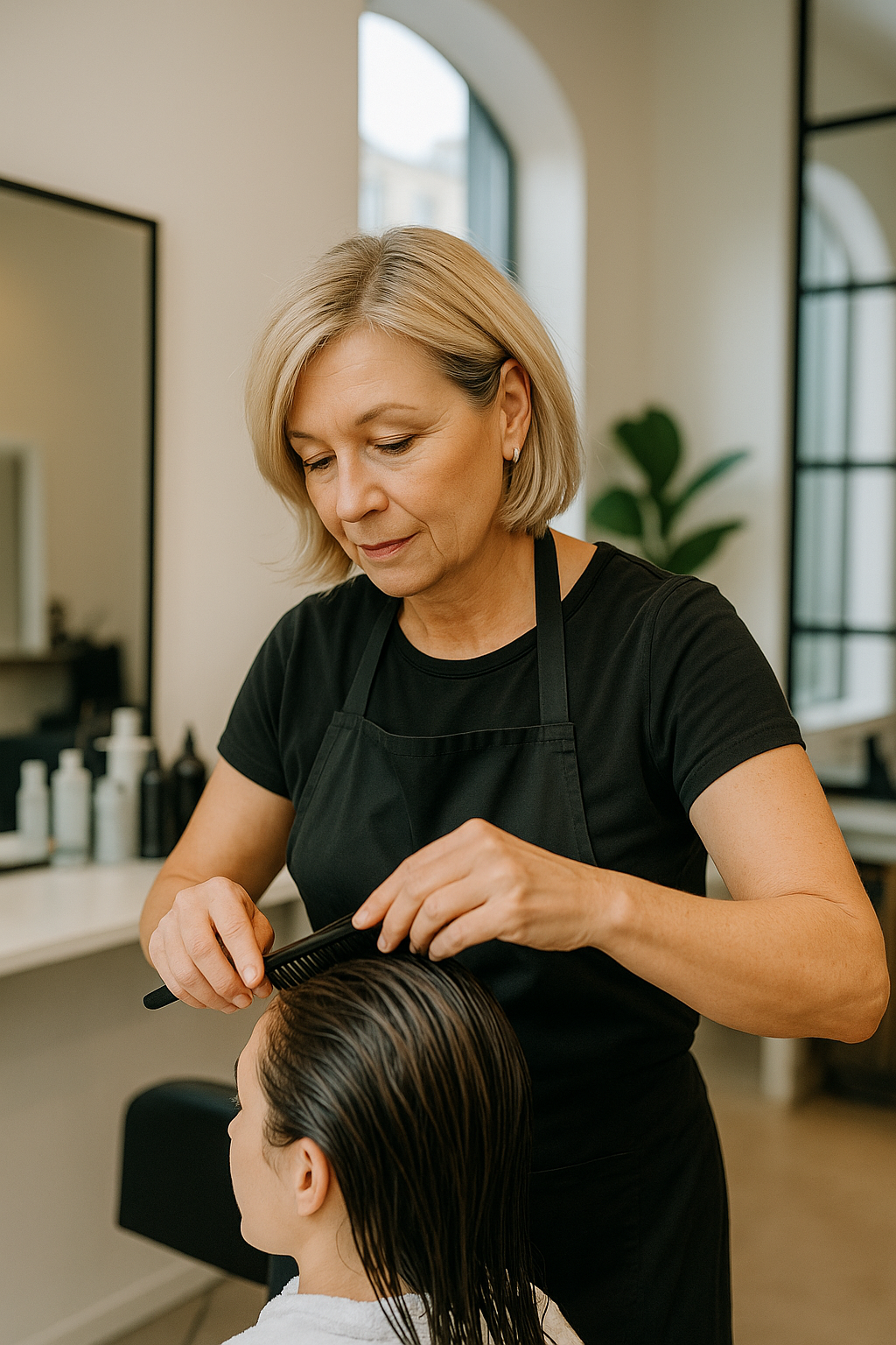 Coiffeuse professionnelle gérant ses rendez-vous avec l’aide de l’assistante IA Orizon Digital dans un salon moderne.