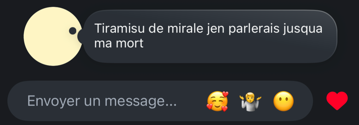 Capture d'écran d'une conversation sur une application de messagerie. La première bulle de texte dit : "Tiramisu de mirale jen parlerais jusqua ma mort." La deuxième bulle de texte dit : "Envoyer un message..." avec des emojis de visage souriant, per