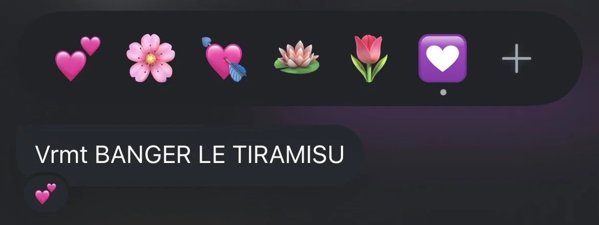 Une ligne de plusieurs emojis de cœurs, de fleurs, et d'un symbole de cœur, suivie d'un message écrit en français.