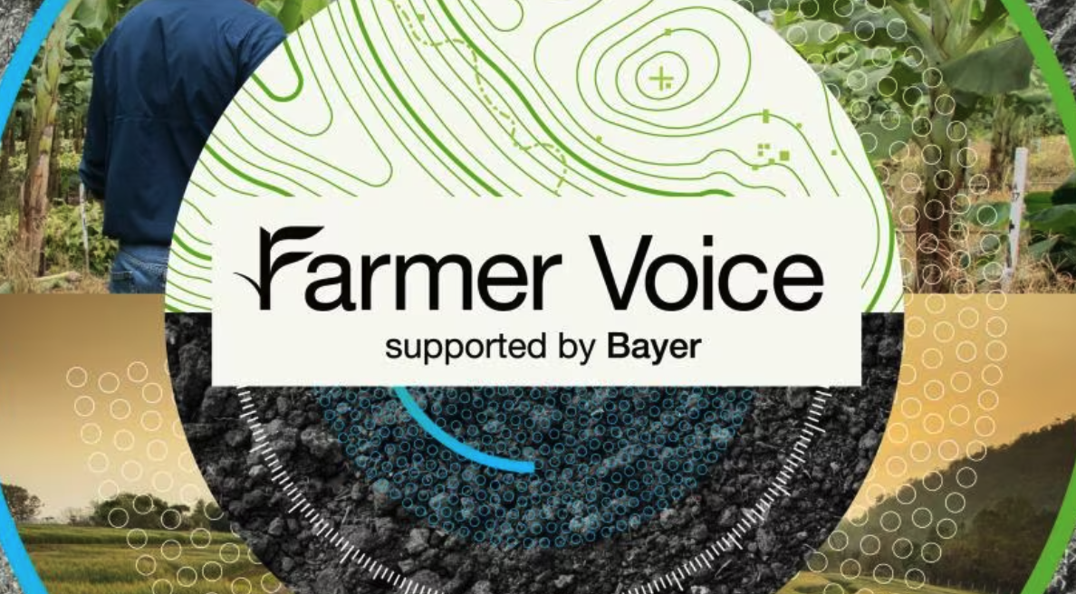 A colorful graphic design promoting Farmer Voice supported by Bayer, featuring a white central circle with text, surrounded by images of farmland, soil, and a person in a field.