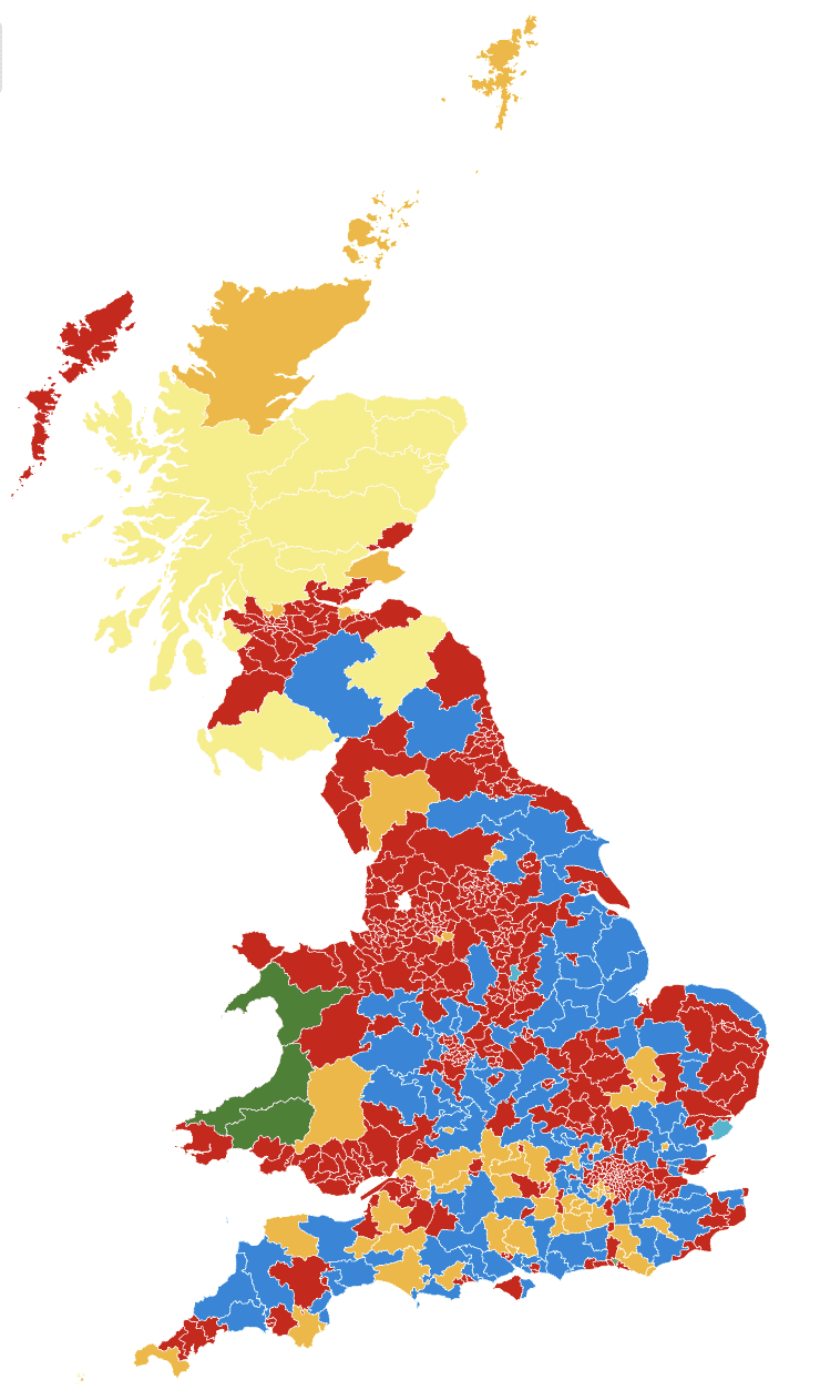 Color-coded map of the United Kingdom showing various regions in red, yellow, blue, green, and orange.