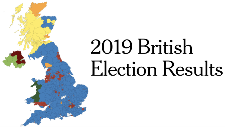 Map of the United Kingdom showing 2019 British Election Results with diverse color regions and the title '2019 British Election Results'