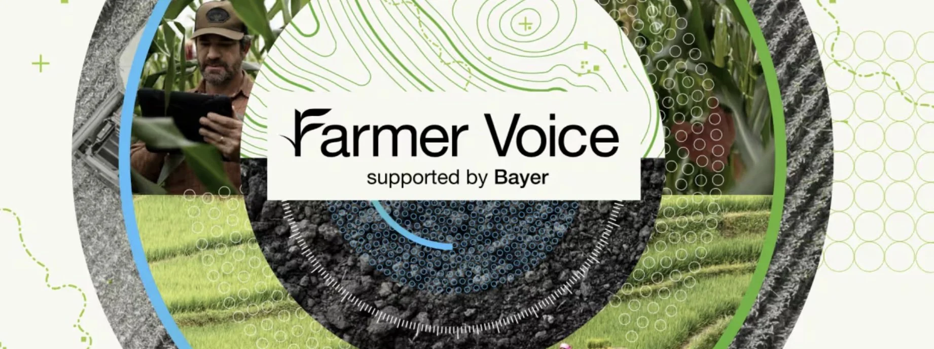 A colorful graphic design promoting Farmer Voice supported by Bayer, featuring a white central circle with text, surrounded by images of farmland, soil, and a person in a field.