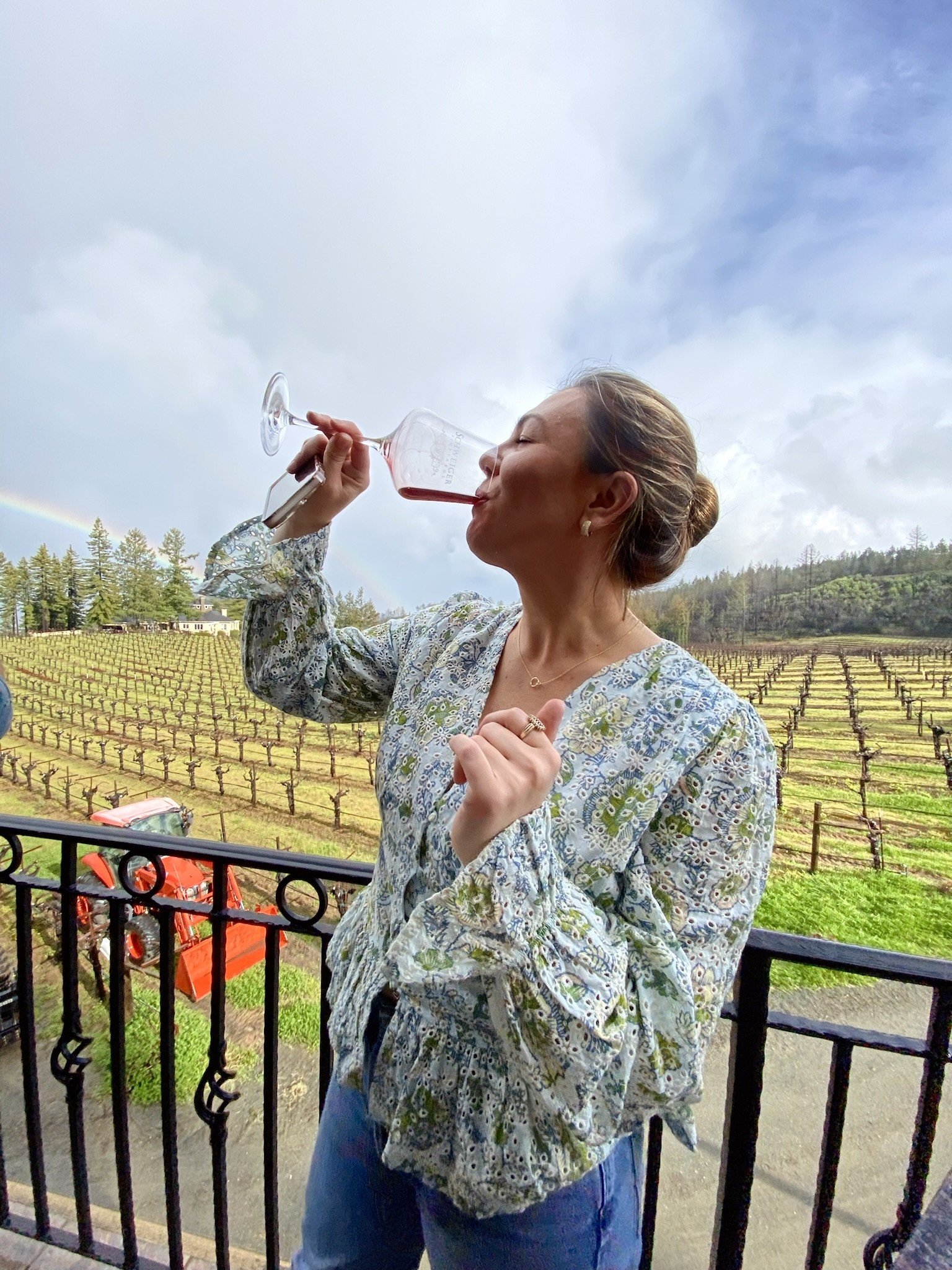 A woman with her hair in a bun wearing a patterned blouse and jeans, standing on a balcony overlooking a vineyard, drinking wine from a wine glass, with a rainbow in the cloudy sky behind her.