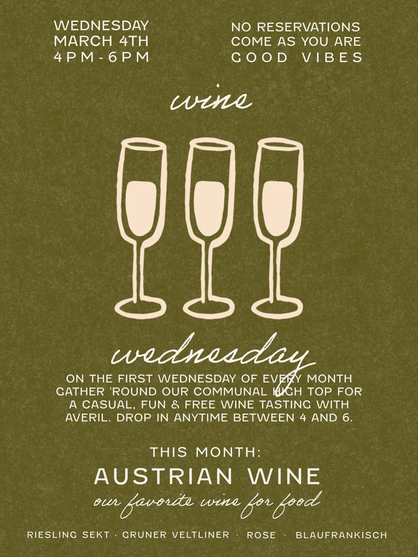 Wine Wednesday is next week! Come hang with Averil while she shares some of our favorite food wines.