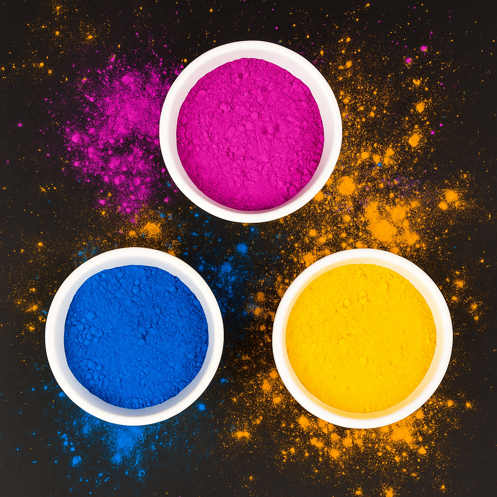 Drei weiße Schalen mit buntem Pulver - pink, blau und gelb, auf schwarzem Hintergrund mit verstreutem farbigem Pulver.