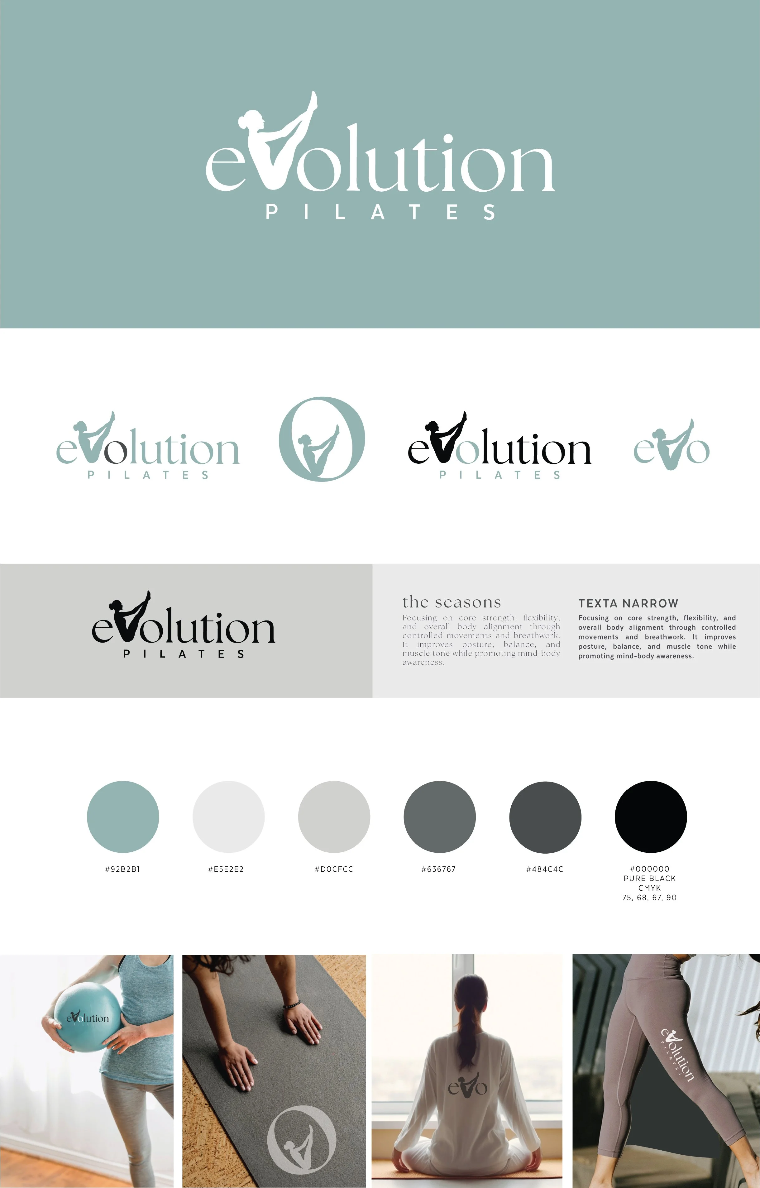 Various branding images for Evolution Pilates, including logos with a woman doing a yoga pose, color palette of muted tones, and photos of women practicing Pilates or yoga in studios or at home.